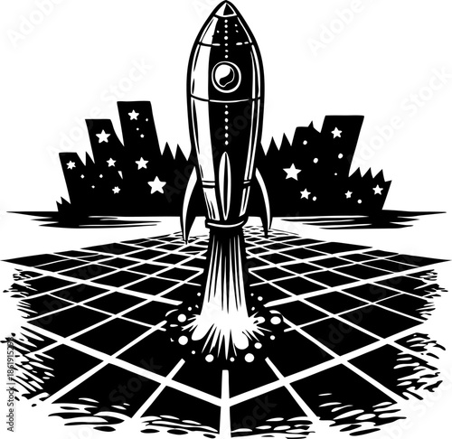 retro rocket ship launching from grid platform into starry night sky, vintage sci fi illustration