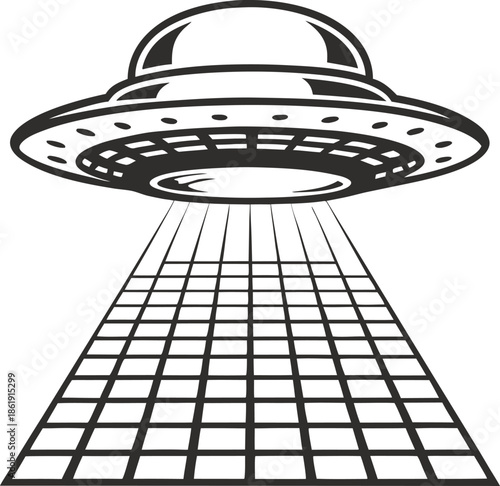 Ufo flying saucer with light beam abducting grid pattern on white background, alien spaceship concept