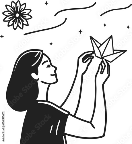 Woman releasing paper boat with floral and starry elements illustration of hope, imagination, and dreams