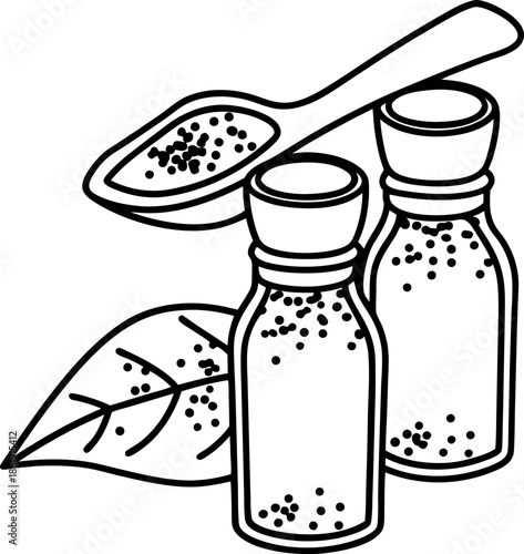 Salt and pepper shakers with herbs and wooden spoon filled with spices line drawing