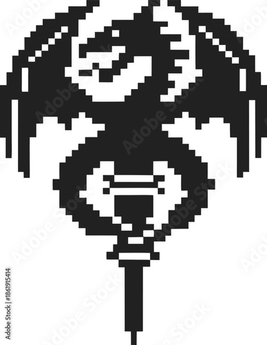Pixel art dragon with wings and tail perched on a stylized sword hilt, monochrome fantasy emblem design