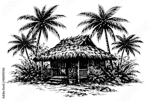 Hand drawn line art illustration of a tropical hut with palm trees depicting a serene island scene for summer vacation