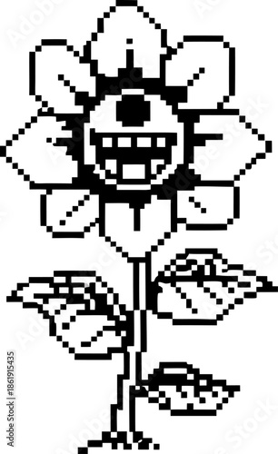 Pixel art black and white smiling flower with eyes and teeth, plant with petals and leaves