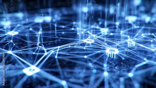 Abstract depiction of interconnected points and lines in a blue glow, suggesting a network