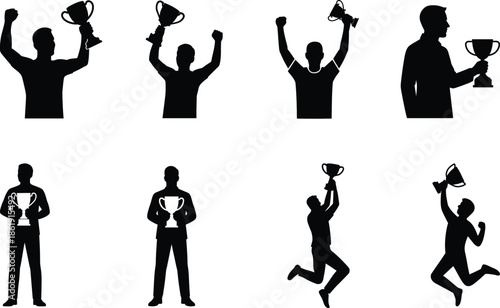 Winning trophy champions set bundle with celebration poses silhouette vector illustration for success concept
