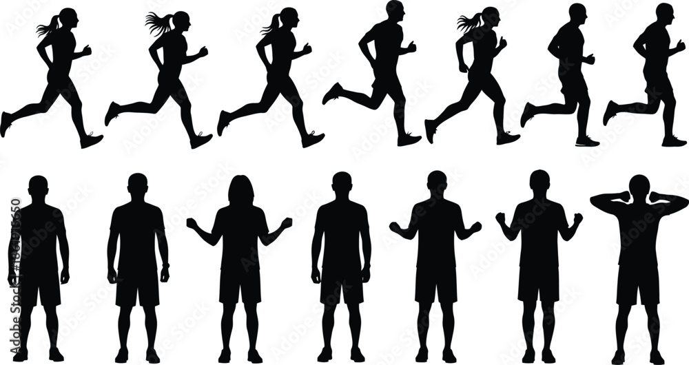 Obraz premium Silhouette of people running and standing in various poses