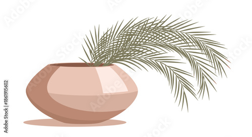 A minimalist and modern illustration of a green palm leaf in a stylish terracotta-colored ceramic pot creating a bohemian vibe on a white background.