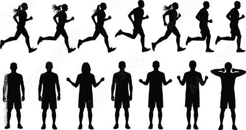 Silhouette of people running and standing in various poses
