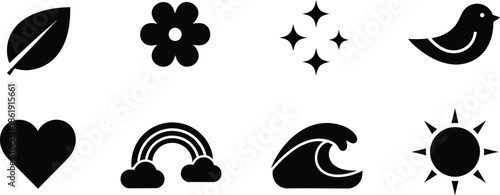 Collection of eight distinct black and white icons