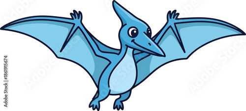 Cartoon blue pterodactyl flying with large wings spread wide