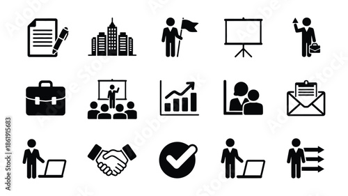 Professional Business Management and Corporate Workflow Icons - Black Solid Glyph Symbols for Leadership, Office Strategy and Success