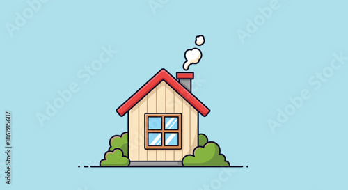 A cute and simple cartoon illustration of a cozy little house with a red roof and smoking chimney surrounded by bushes on a blue background.