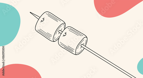 A charming hand-drawn illustration of two fluffy marshmallows being roasted on a skewer over a campfire against a soft abstract background.