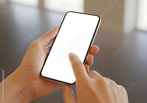 person holding smartphone with blank white screen for mockup  using mobile phone