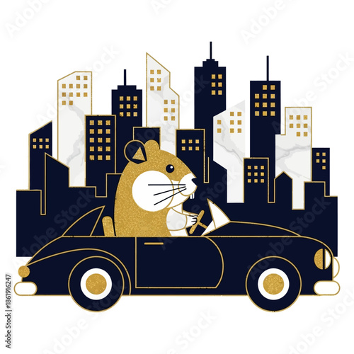 Cartoon Hamster Driving Car in City.