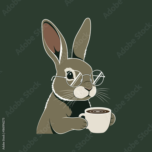Cartoon rabbit drinking coffee with glasses.