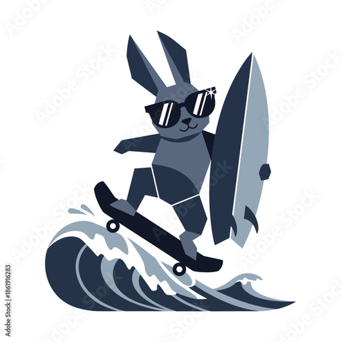 Cartoon Rabbit Surfing on Skateboard with Surfboard.