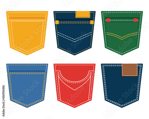 Collection of colorful denim and fabric pockets on white background