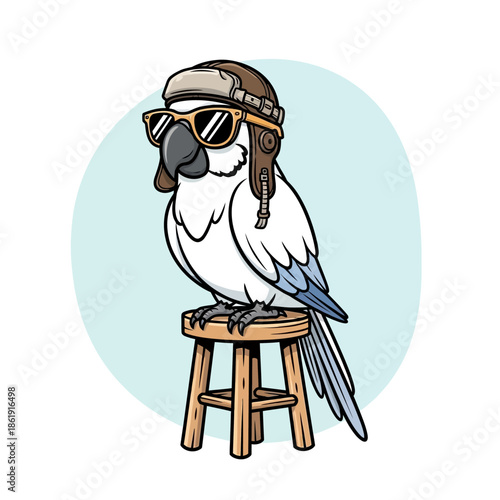 Parrot Wearing Aviator Sunglasses and Helmet.