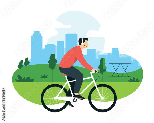 Man cycling through a green park with cityscape in background, enjoying music with headphones.