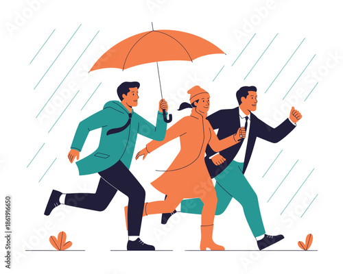Three friends share an umbrella while running through the rain, seeking shelter together.