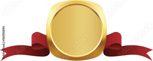 Gold Rounded Square Badge with Red Ribbon Illustration on Transparent Background.