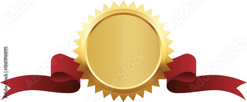 Golden Award Badge with Red Ribbon on Transparent Background.