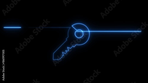 Neon line Key icon animation on A black background. Perfect concept for data protection, cyber security, password access, encryption.neon key icon .key icons 4K video.