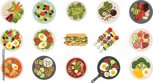 Healthy Mediterranean Diet Set with Fresh Salads, Grilled Vegetables, Egg Breakfasts, Vegetable Skewers, Soup, and Nutritious Vegan Meal Prep Options for Wellness.