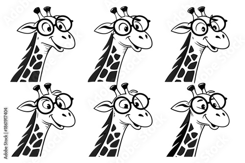 Six cartoon giraffes wearing glasses isolated on white background, Vector