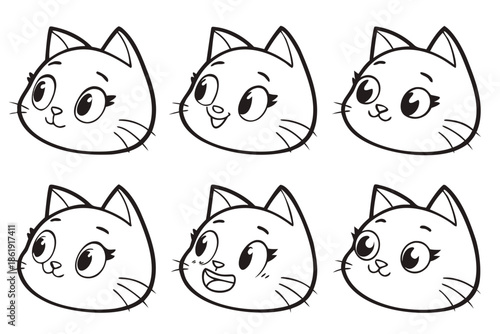 Six cartoon cat faces expressing different emotions isolated on white background, Vector