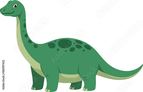Cartoon green longnecked dinosaur with dark spots on a white background