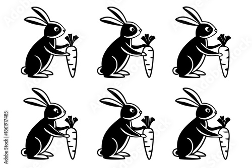 Six rabbits holding carrots isolated on white background, Vector