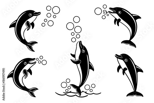 Five dolphins jumping with bubbles isolated on white background, Vector