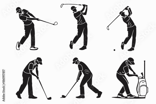 Illustrations of golfers in action isolated on white background, Vector