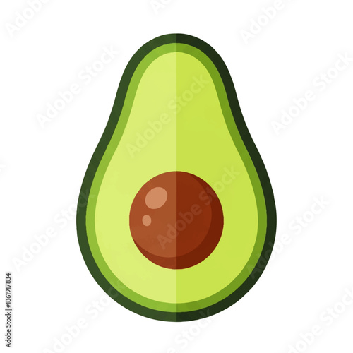 Stylized flat icon illustration of a single green avocado fruit, showcasing its vibrant color and central brown pit, ideal for healthy eating or culinary design elements