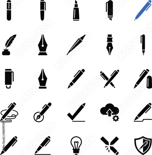 Writing Tools and Creative Editing Glyph Icons Set - Pen, Quill, Fountain Pen, and Signature Symbols for Design and Education.