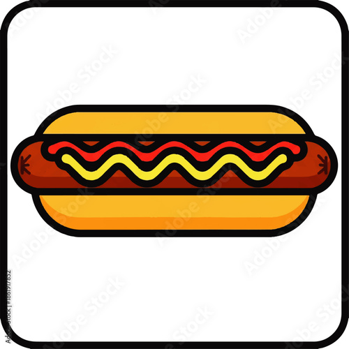 Classic hot dog with mustard and ketchup, illustrated in a flat design style