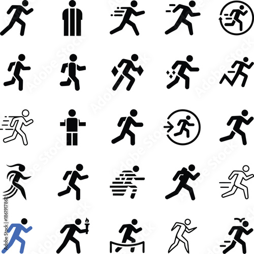 Set of minimalist running man icons and dynamic motion speed silhouettes for sports, fitness, and delivery concept designs.