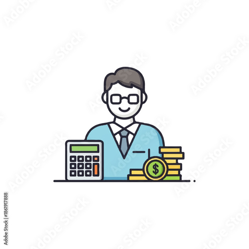 Flat line art icon of a professional financial advisor or accountant, with a calculator and coins, symbolizing business management, budget planning, and financial success