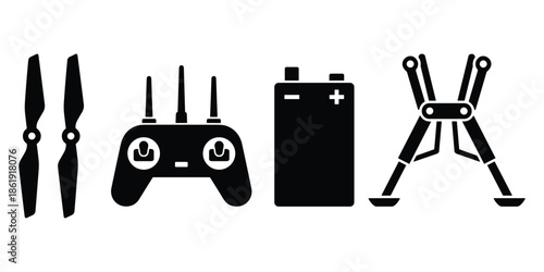 Drone accessories vector illustration featuring propellers remote control battery landing gear