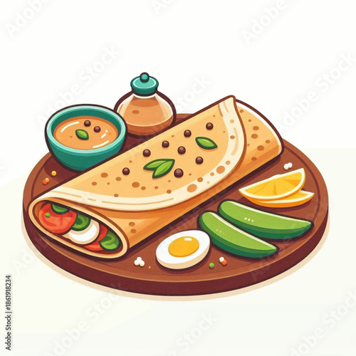 An artistic platter features a wrap sauce pickles egg orange slices  condiment jar on a brown wooden board