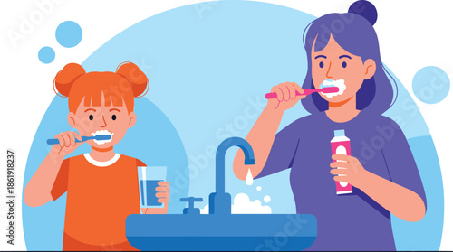 Mother and daughter brushing their teeth together at a bathroom sink, promoting dental hygiene, morning routine, and healthy family habits.