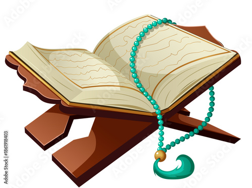 Open Holy Quran Book on Wooden Rehal with Turquoise Misbaha Prayer Beads Isolated Islamic Vector Illustration