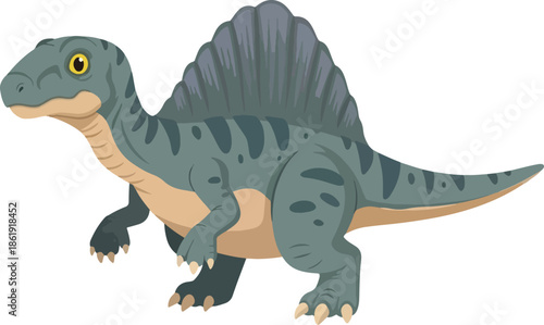 Cartoon illustration of a bluegray Spinosaurus with a large dorsal sail