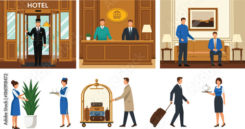 Professional hotel staff providing luxury hospitality services including reception desk concierge bellhop room service and lobby management for premium guest experienceWeb