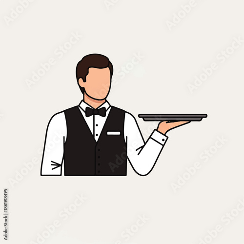 A stylized flat icon illustrating a waiter in a tuxedo holding a serving tray, perfect for hospitality and service-related designs