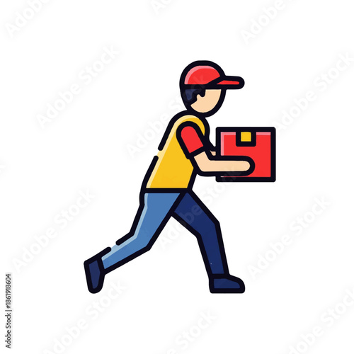 Delivery person carrying a parcel in a yellow shirt and red cap, flat icon style, 2D vector illustration