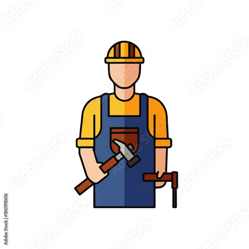 Professional handyman in uniform holding tools, conceptual illustration of a skilled construction worker