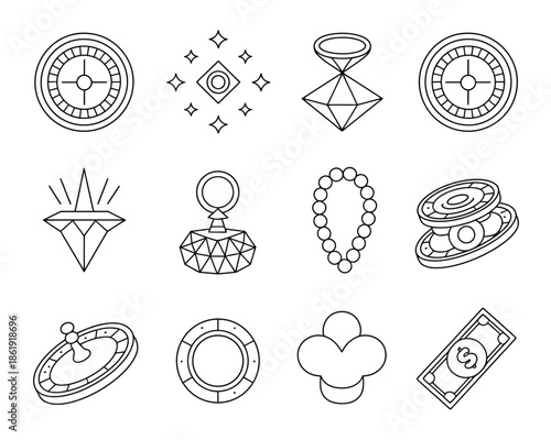 Collection of line art casino and gambling icons including roulette wheels, gems, chips, and money